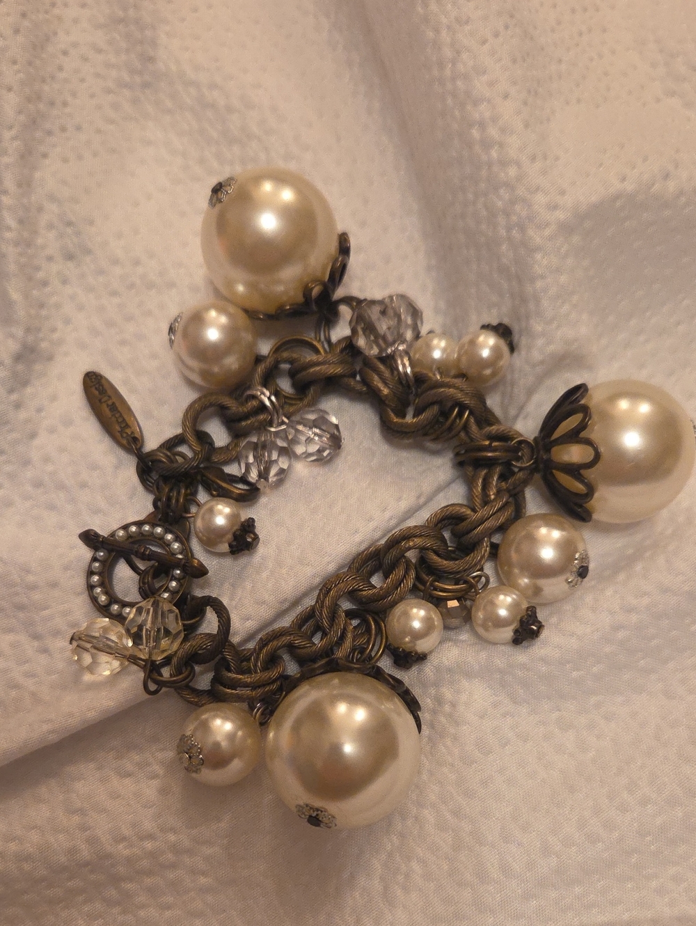 Plunder Antique Gold-Tone Chain Pearl Charm Bracelet